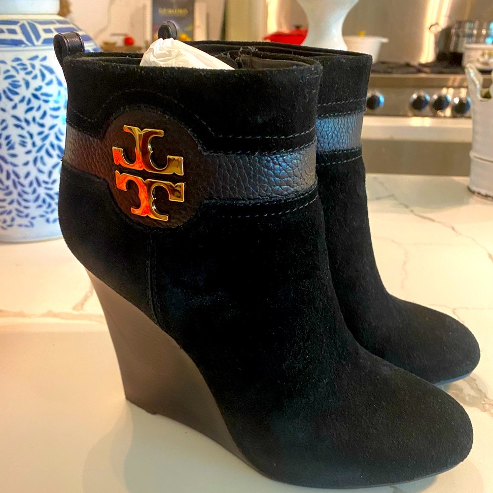 Tory Burch Black Ankle Boots with Gold Logo